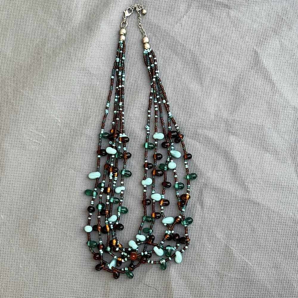 Blue Brown Seed Bead Multiple Strands Necklace Chunky Fun Artsy